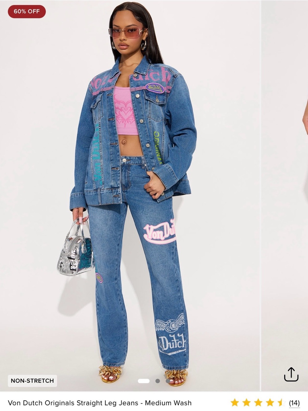 Von Dutch Blue Denim Jeans with Pink & Teal Patches - Picture 4 of 8